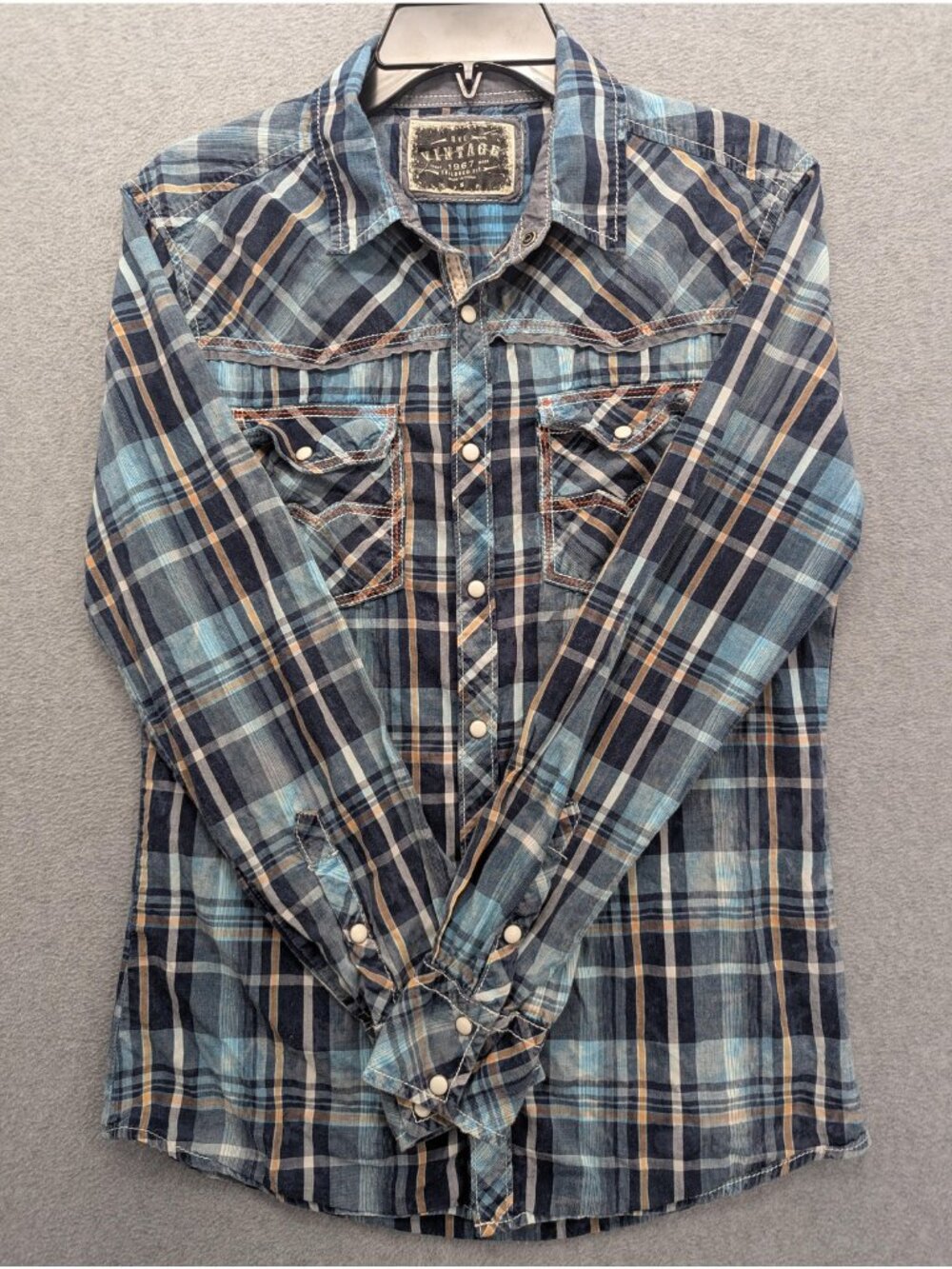 BKE Vintage Shirt Mens Small Blue Plaid Long Sleeve Western Pearl Snap Slim Fit